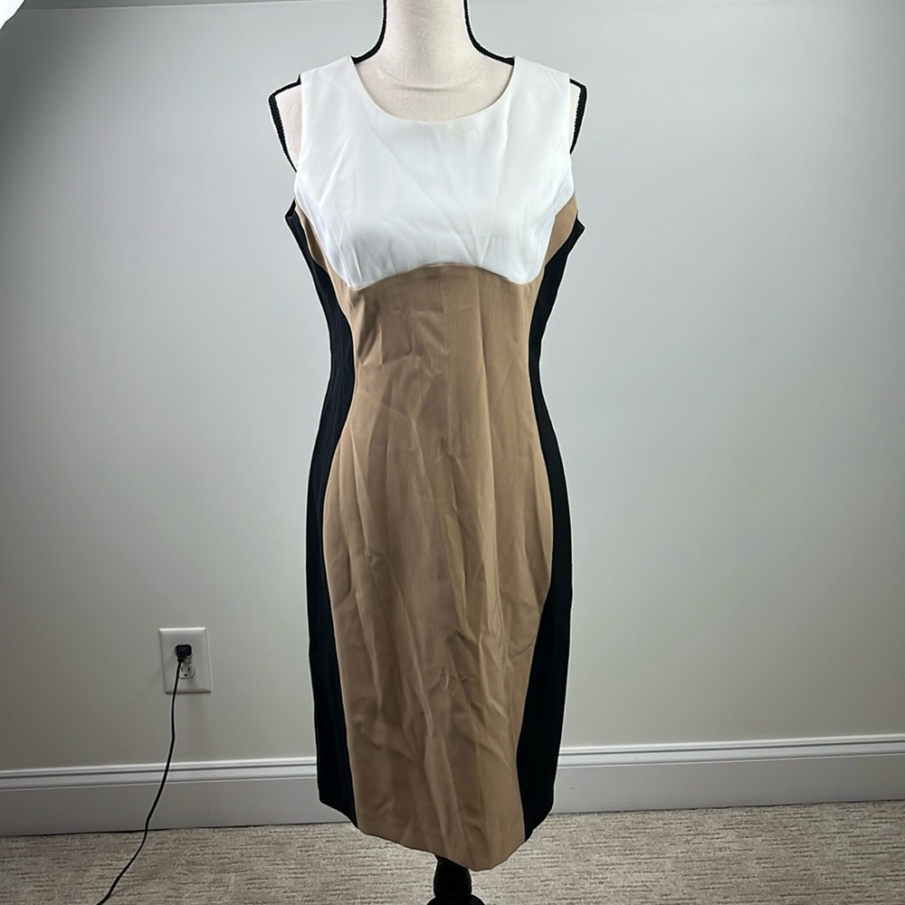 Ronni Nicole Colorblock Sheath Dress Size 10 Black Tan White Career Office Midi